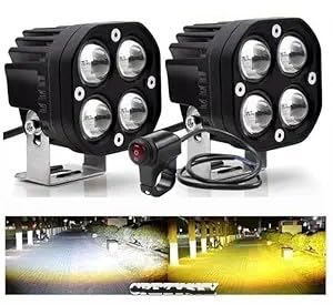 CREZYSKY 80W Yellow-White Super Bright LED fog light for Bike/Car and SUV, 4 LED DRIVING LAMP with low/high beam (Pack of 2 Pcs. With Clamp)