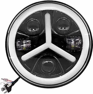 Acube Mart 7 Inch Mercedes design Full Ring Round White LED Headlight with Hi/Low Beam White & Yellow Angel Eye Lamp Compatible with Bullet, Harley Davidson Jeep Wrangler (75W, Pack of 1)